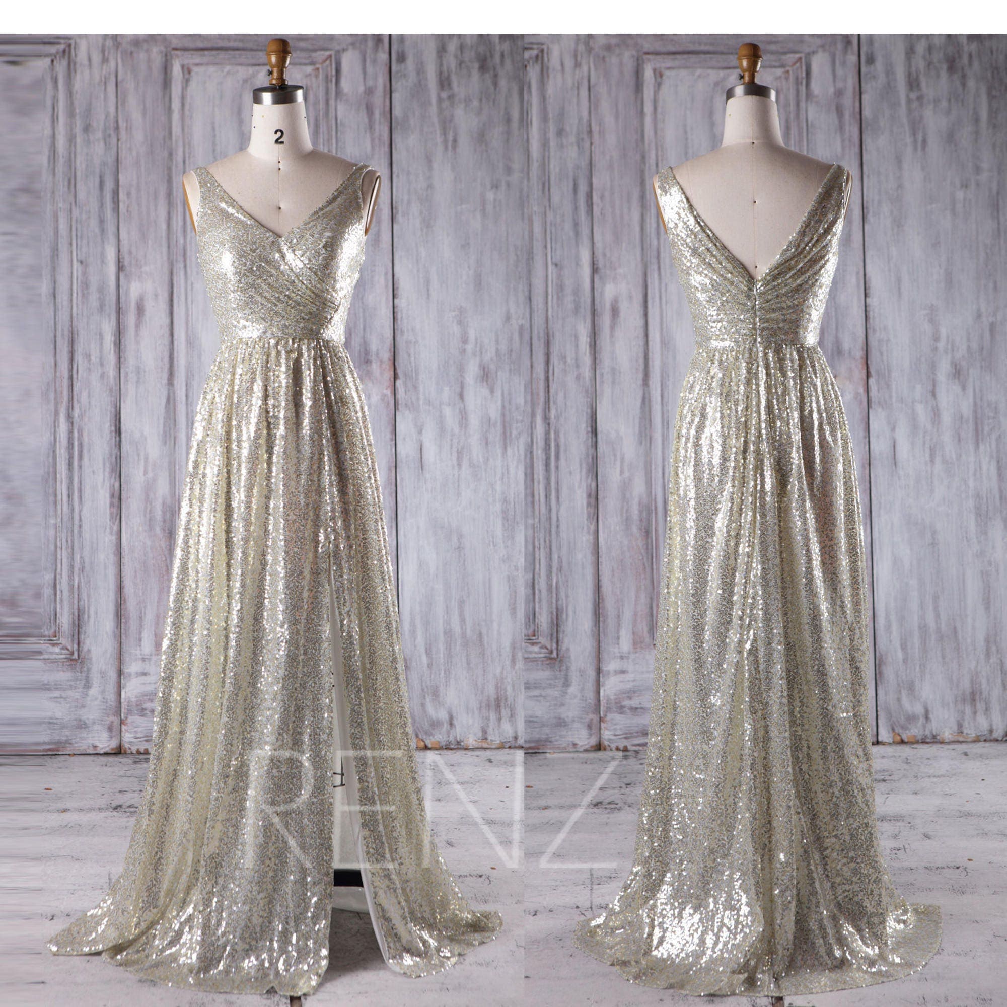 2017-gold-silver-sequin-bridesmaid-dress-slit-v-neck-wedding