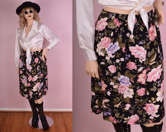 80s Floral Print Skirt/ Large/ 1980s