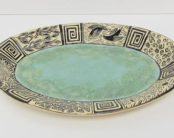 ceramics and pottery serving plate; ceramic serving plate; ceramic art; sgraffito pottery; hand built pottery