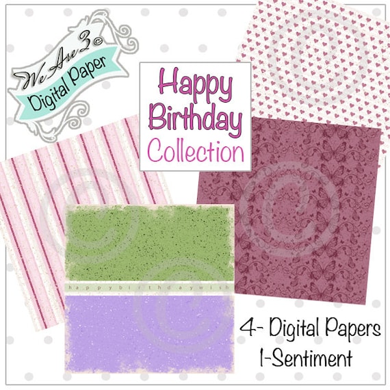 We Are 3 Digital Paper, Happy Birthday & Sentiment,  Kit and Clowder