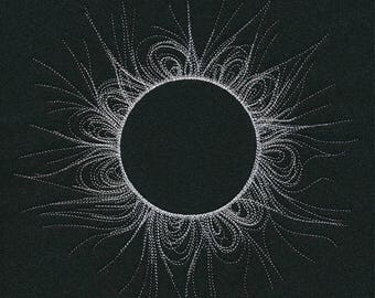 Solar Eclipse Embroidered on Plain Weave Cotton Tea Towel // Iron-on Patch