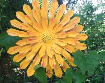 12" Marigold Metal Flower - Metal Yard Art - Hanging Zinnia - Indoor Outdoor Patio Fence Front Door Wall Decor