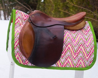 Ready to Ship Baby Saddle Pad - Pink and Apple Green Dot Chevron - Baby // Thin // Square // Zig Zag
