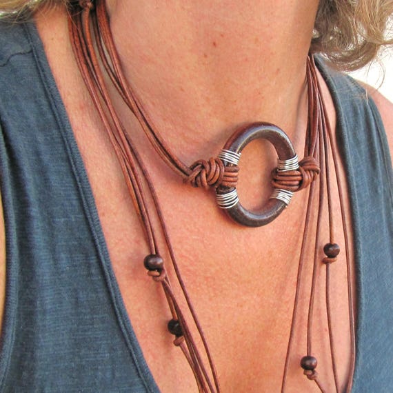 Statement Wood Necklace Leather Geometric Wire Wrapped