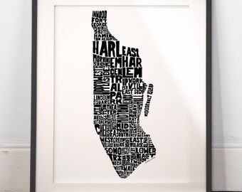 Manhattan map art, Manhattan art print, Manhattan typography map, Manhattan wall decor, Hand-drawn typography map art series signed print