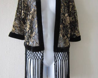 Vintage Gold and Black with Sequin Fringe Open Jacket