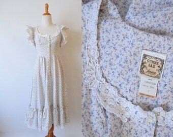 Vintage 1970's Gunne Sax Dress | Blue and White Floral Print Prairie Dress
