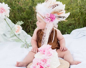 Girls Indian Headdress - Feather Headdress - Wild One - Feather Crown - Girls Feather Headdress.