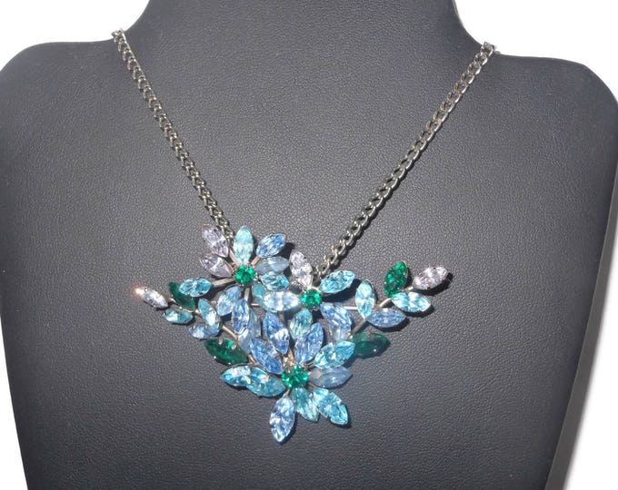 FREE SHIPPING Austrian rhinestone floral brooch/pendant, blue green stunning crystal brooch, made in Austria, vintage chain, something blue