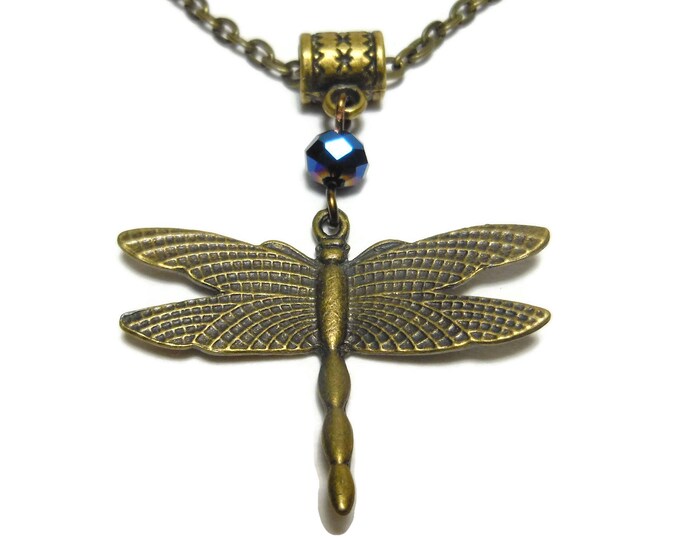 FREE SHIPPING Dragonfly necklace handmade, antiqued bronze dragonfly pendant, blue aurora borealis crystal, antiqued bronze cable chain