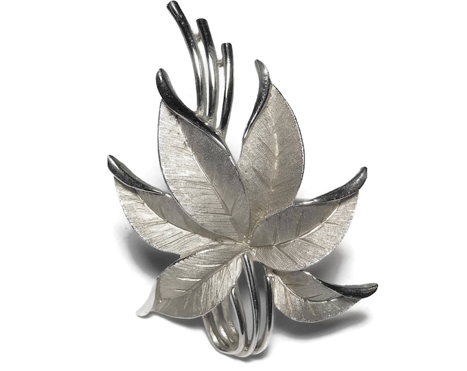 FREE SHIPPING Crown Trifari brooch, silver leaf brooch, beautifully detailed brushed leaves, flower or poinsettia