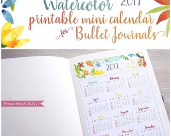 50% SALE Mini 2017 Calendar printable for Bullet Journals and planners- pdf INSTANT DOWNLOAD - bujo - watercolor