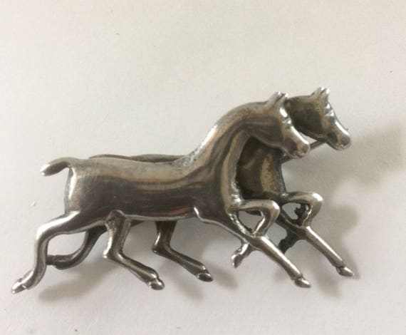 Sterling Horse Brooch - 2 Running Horses - Signed Mexico Silver - C Clasp Brooch