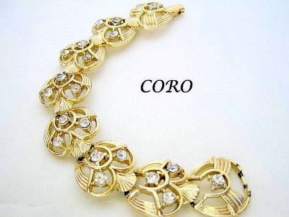 Coro Rhinestone Bracelet - Gold Tone - 3 Clear Rhinestones - 8 Panels with 3 rhinestones in each