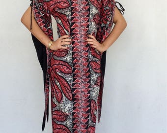 Stunning 40s pake muu split sleeves tropical foiliage patterned off the shoulder dress