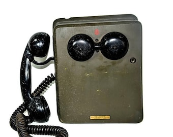Vintage Kellogg Military Phone - Green and Black Wall Phone, Military Mid Century Phone,