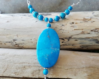 Blue Power Necklace, Art Deco Inspired Turquoise Necklace, OOAK Sterling Silver Boho Necklace, Turquoise Howlite, Vegan Friendly