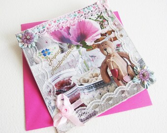 Carte Adolescente - Goûter d'Anniversaire - Collage, Strass et Rubans Fleurs - Papier recyclé - Création d'Artiste, pièce unique