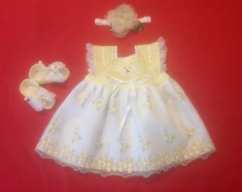 Handmade Crochet Newborn Baby Girl Dress - Pale Yellow & White