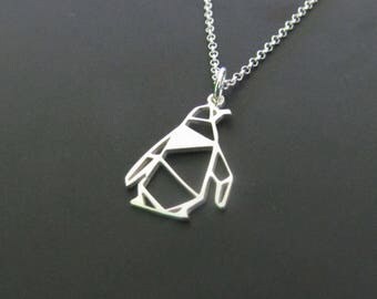 Origami Penguin Necklace, Sterling Silver Necklace, Geometric Necklace, Charm Necklace, Jewelry, Gift for her