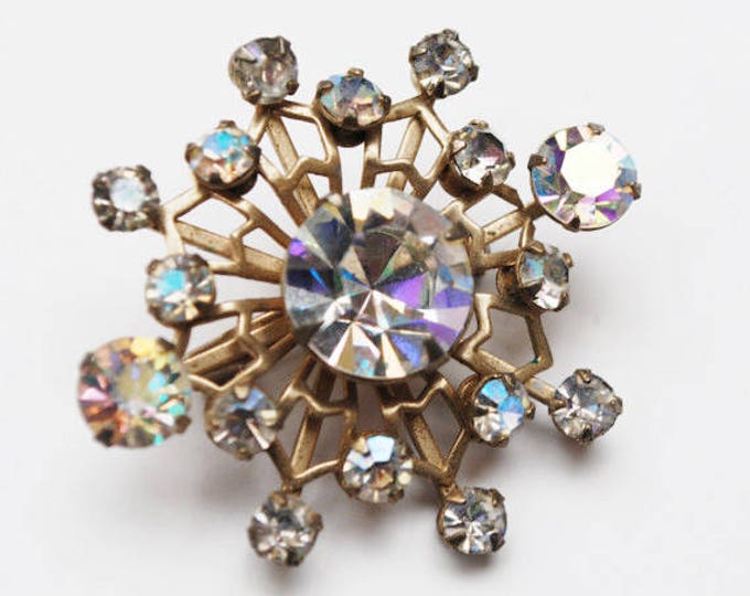 Rhinestone Atomic Brooch - Clear Aurora borealis Crystal - gold tone metal - Snowflake pin