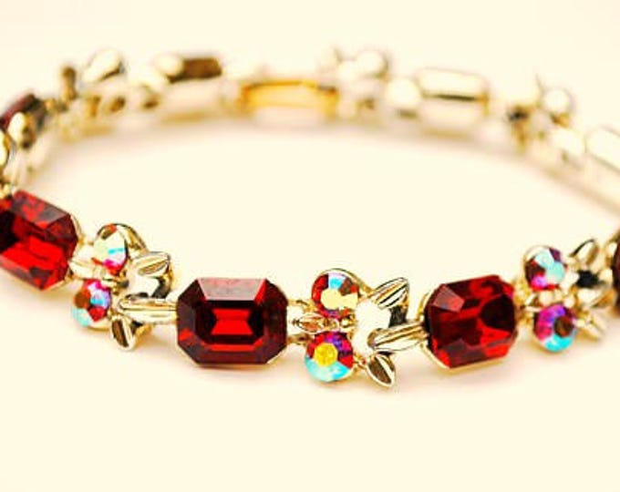 Red Rhinestone Tennis Bracelet - Aurora Borealis crystal - Gold tonemetal - Mid Century