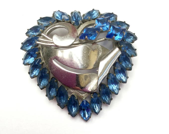 Blue Heart Brooch - Rhinestone - open back - silver - mid century pin -light bluish crystal