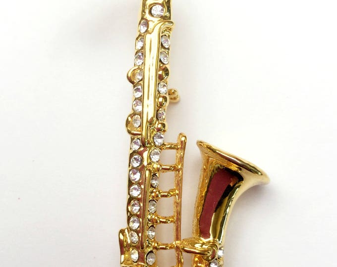 Saxophone Brooch - gold - rhinestone- music instrament - figurine pin