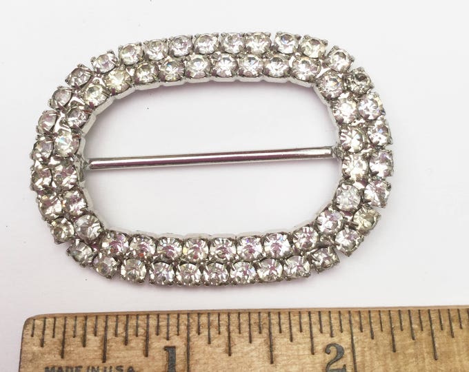 Rhinestone belt buckle - silver metal - scarf ring - Clear Crystal - oval