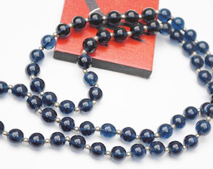 Blue Glass Bead necklace - round dark blue beads - silver beads - long 34 inch necklace