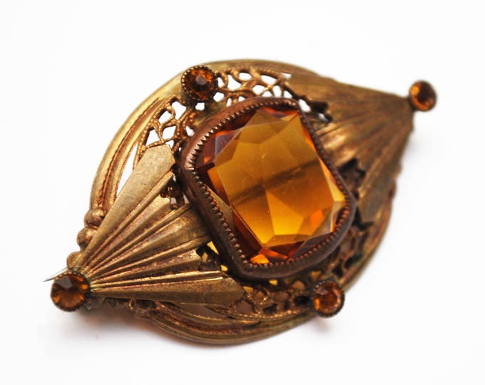 Amber Citrine Glass Brooch - Gold Filigree Gilt Brass - orange Crystal - Vintage Pin