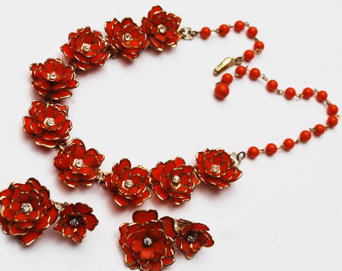 Orange Flower necklace earring set -Plastic floral - clear rhinestone - gold trim