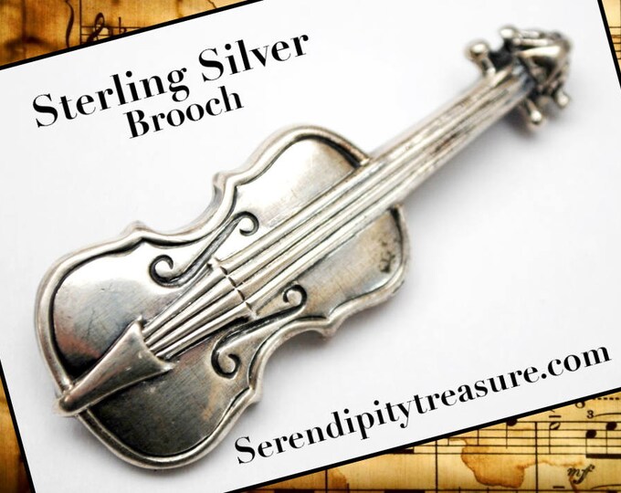 Sterling Violin Brooch - Signed Sterling - Silver string instrument - figurine pin
