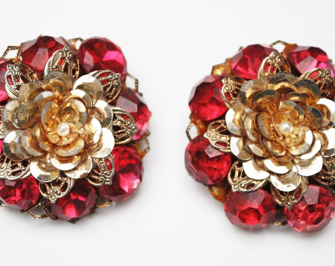 Large Flower Clip on Earrings - Red Rhinestone Gold foil - White pearl