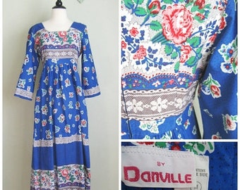 Summer Clearout 1970's Cotton Blue Floral Maxi Dress// Danville// Bell Sleeves// BoHo