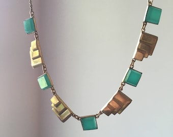 Vintage Art Deco Style Necklace - Stamped Brass