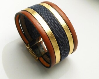 Whiskey leather cuff gold and denim with clasp gold