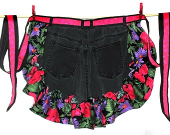 Colorful Black Repurposed Jeans Half Apron