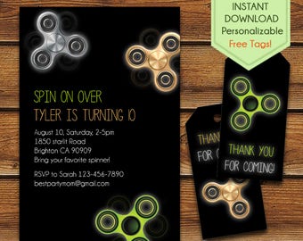 Fidget Spinner Invitation + Free Fidget Spinner Thank You Tags, Fidget Spinner Birthday, Fidget Spinner Party, Hand Spinner, Fidget Toy