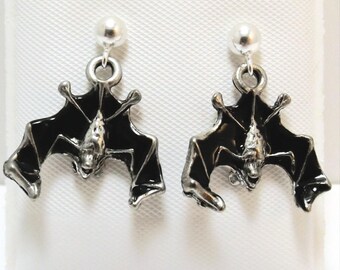 Black Enameled Pewter Bat Charms on Sterling Silver Ball Post Stud Earrings - 5228