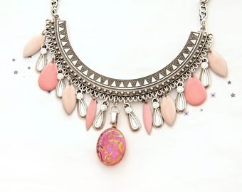 fused glass enamel powder pink nude sequin bib Choker necklace