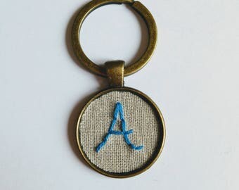 Letter Keyring, Hand Stitched Letter Keychain, Antique Bronze Keyring, Blue Letter A Fabric Keyring