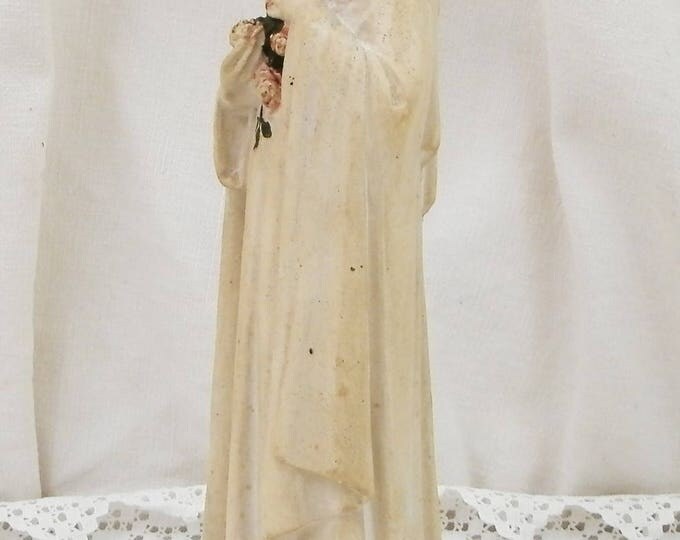 Antique French Religious Statue of Saint Teresa Chalkware Plaster of Paris, St Therese of Lisieux in Normandy Catholic Christian Sculpture
