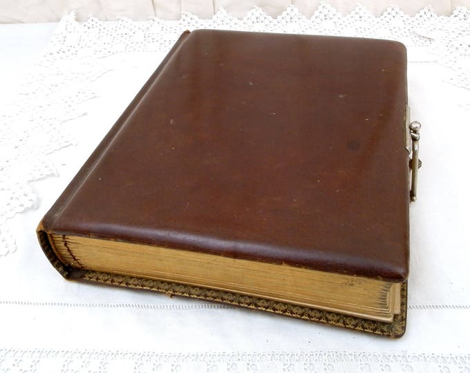 Large Antique French Leather Bound Photo Portrait Album with Metal Lock and Gold Gilt Edges, Family Photograph Book, Brocante Home Decor