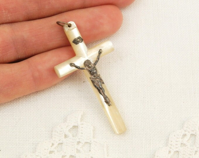 Vintage French Mother of Pearl and Silver Plated Crucifix, French Catholic Cross Made of Nacre with Metal Jesus, Religious Jewelry