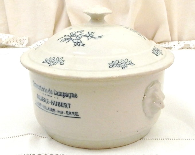 Antique French Lidded China Terrine Pot with Lions Heads Inscribed Charcuterie de Campagne, Ceramic Paté Dish from France, Brocante Decor
