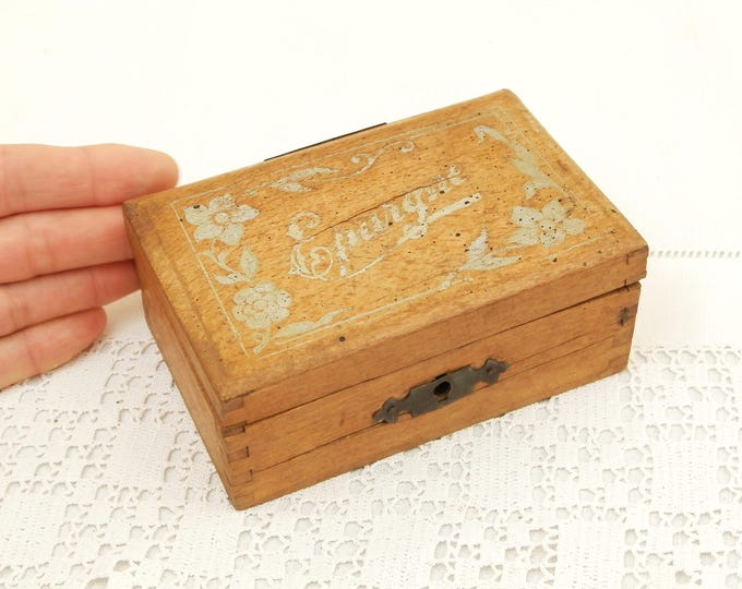 Small Antique French Wooden Money Box with Dove Tail Joins Coin Slot Silver Colored Floral Pattern with Epargne Savings on the Lid