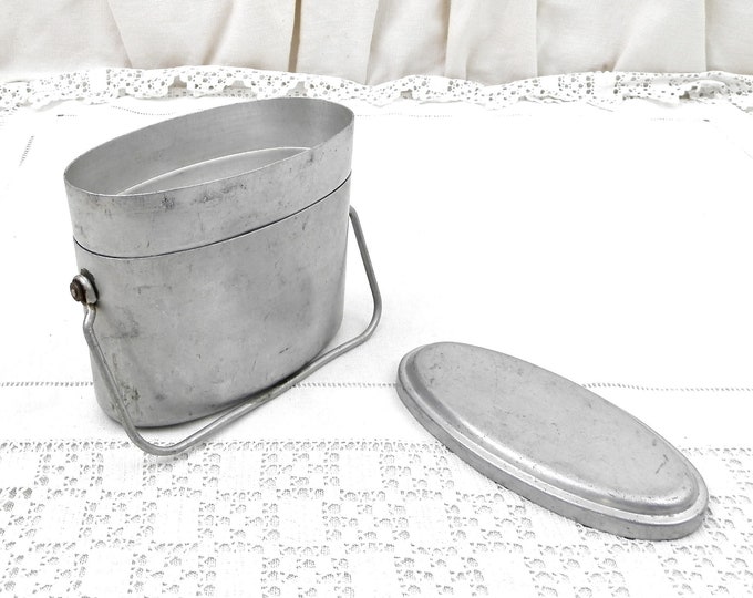 Vintage French Oval White Metal Handled Lunch Pail with Separate Compartment, Meal Container from France, Brocante Industrial Decor