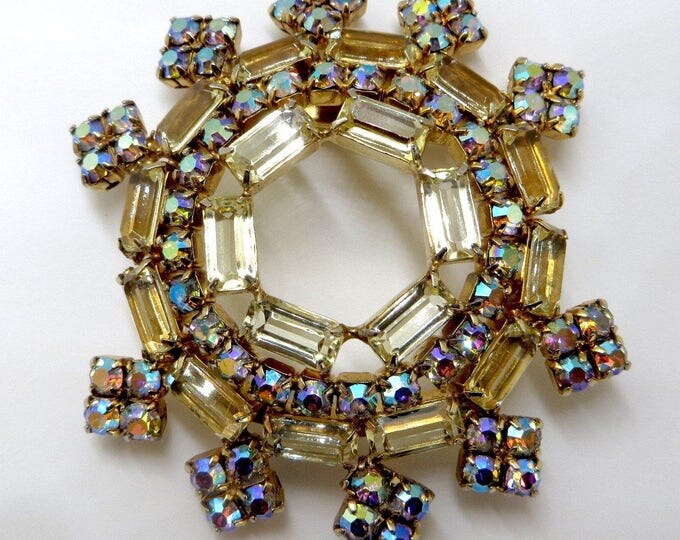 Rhinestone Brooch, Vintage Aurora Borealis Pin, Yellow Baguette Stones, Vintage 1960s Jewelry