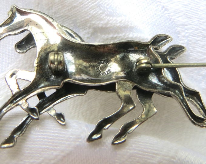 Sterling Horse Brooch, Vintage Equestrian Pin, Galloping Horses, Horse Jewelry, Equestrian Jewelry